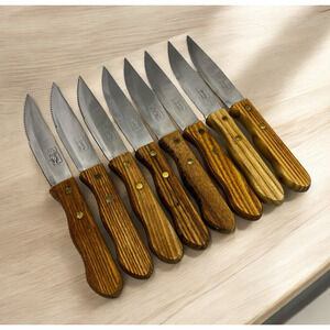 Rogers By Robert Stanley Stainless Vintage Wood Handle Steak Knives Set of 8